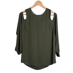 ANN TAYLOR Cold Shoulder Blouse in Olive Green Long Sleeve Women’s Medium